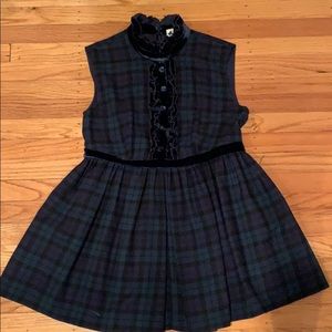 Tartan long blouse with navy blue velvet trim